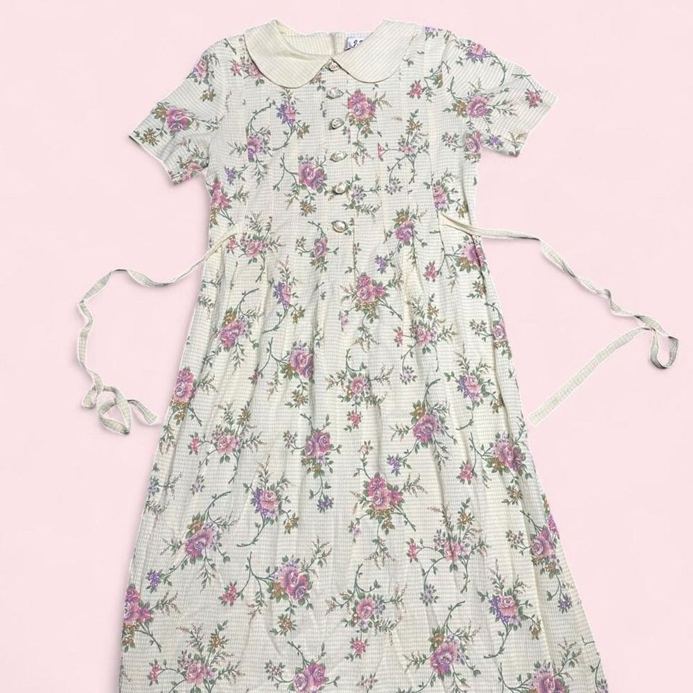 Vintage J.S. Edward Floral Midi Dress 10P Yellow Peter Pan Collar 90s Gingham